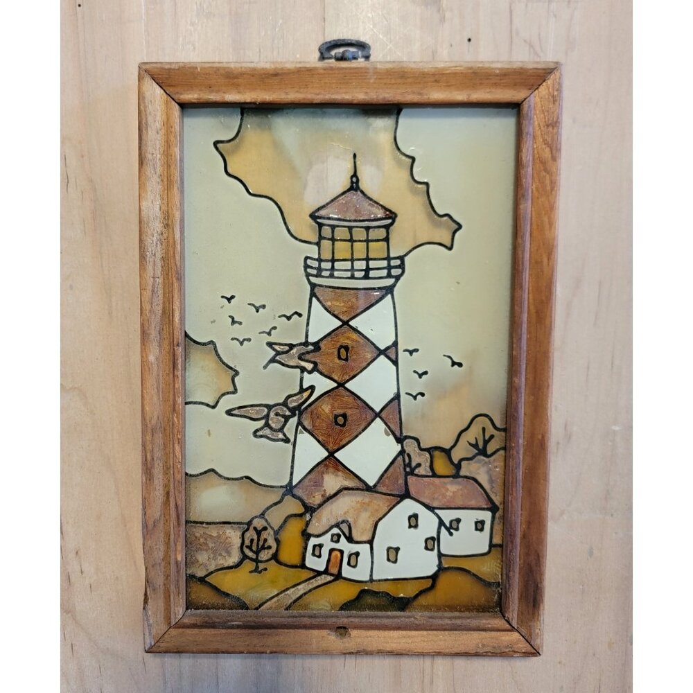 Vintage Wood Framed Glass Acrylic Suncatcher Cottagecore Lighthouse Shabby READ‎